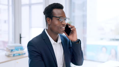 Business,-black-man-and-phone-call-in-office