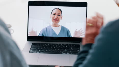 Video-call,-laptop-and-doctor-with-senior-couple
