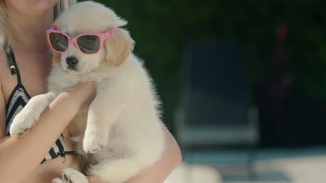A-woman-in-a-bikini-holds-a-blonde-puppy-in-sunglasses-in-her-arms.-Summer-and-vacation-with-a-pet-concept
