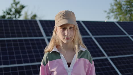 Portrait-of-a-teenage-girl-against-the-background-of-solar-panels-at-a-home-power-plant