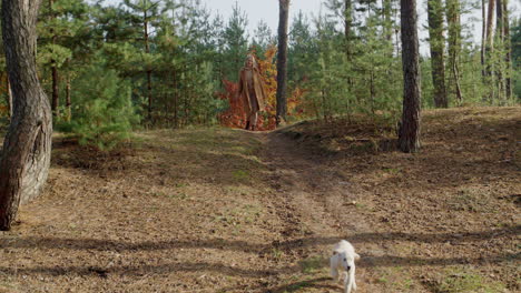 A-middle-aged-woman-walks-with-a-dog-in-the-autumn-forest
