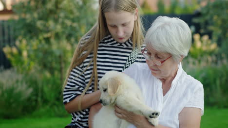 Elderly-lady-with-her-granddaughter-and-a-cute-puppy-in-the-backyard-of-the-house