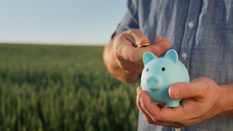 A-man-puts-coins-in-a-piggy-bank,-stands-against-the-background-of-a-field-where-wheat-grows