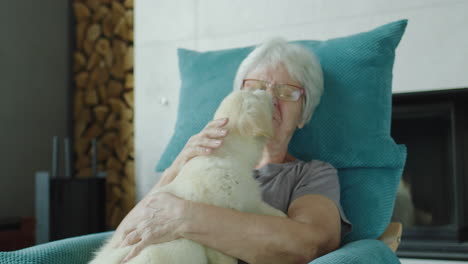 Cute-Senior-woman-is-resting-in-a-chair-with-a-puppy-in-her-arms.-Home-comfort-and-secure-old-age