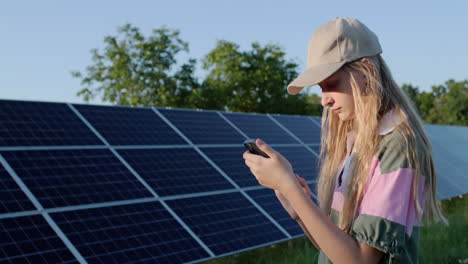 Portrait-of-a-teenage-girl-against-the-background-of-solar-panels-at-a-home-power-plant
