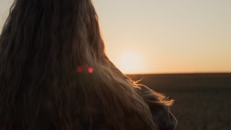 A-young-woman-with-long-beautiful-hair-looks-at-the-sunset-over-a-field-of-wheat