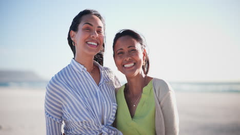 Mature-mom,-woman-and-face-at-beach-with-smile