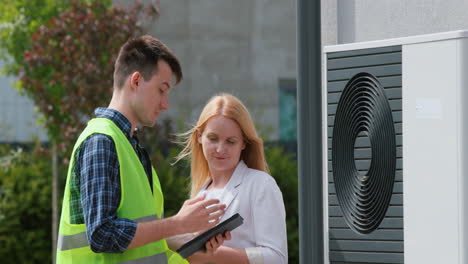 The-specialist-explains-to-the-customer-the-principle-of-operation-of-the-heat-pump