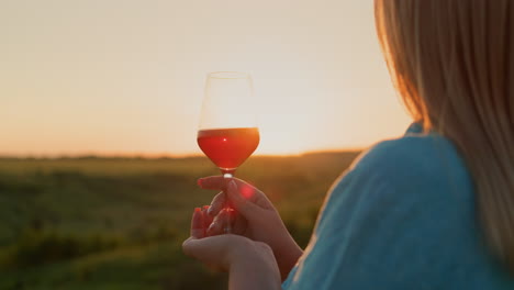 A-woman-holds-a-glass-of-red-wine-and-admires-the-sunset.-Tourism-and-travel-independent-woman