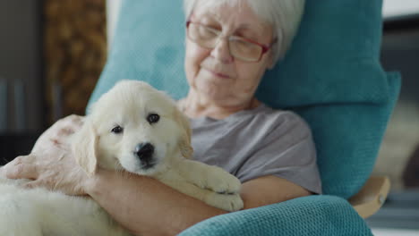 Senior-woman-is-resting-in-a-chair-with-a-puppy-in-her-arms.-Home-comfort-and-secure-old-age
