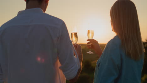 Couple-with-glasses-of-red-wine-watching-the-sunset-over-a-picturesque-valley.-4k-video