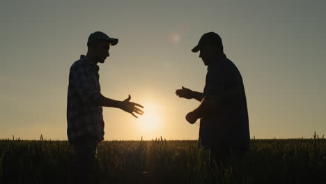 Händedruck-Zweier-Männlicher-Bauernhände-Vor-Dem-Hintergrund-Eines-Weizenfeldes,-Auf-Dem-Die-Sonne-Untergeht