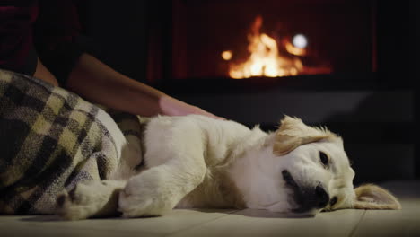 Woman-and-cute-golden-retriever-puppy-resting-near-a-burning-fireplace