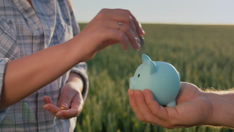 Family-budget---a-woman-puts-coins-in-a-piggy-bank-held-by-a-man-against-the-background-of-a-field-of-wheat.-Investment-and-agriculture