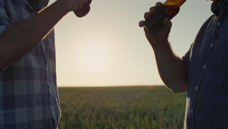 Two-farmers-clink-bottles-of-beer-against-the-background-of-a-field-of-wheat,-only-hands-are-visible-in-the-frame