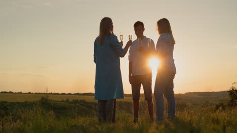 A-group-of-friends-clink-glasses-against-the-backdrop-of-a-picturesque-landscape-where-the-sun-sets