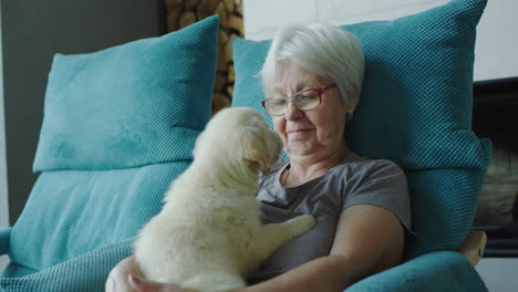 Cute-Senior-woman-is-resting-in-a-chair-with-a-puppy-in-her-arms.-Home-comfort-and-secure-old-age
