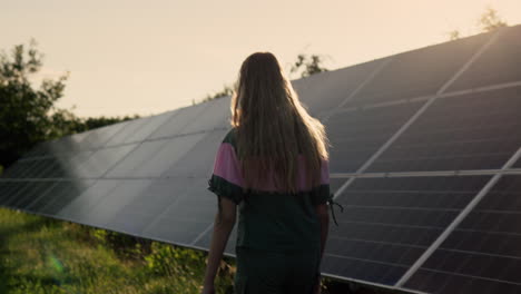 A-teenage-girl-walks-along-the-solar-panels-of-a-small-home-power-plant