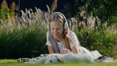 Teenage-girl-plays-with-a-puppy,-lies-on-the-lawn,-listens-to-music-on-headphones
