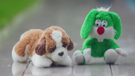 Two-soft-toys---a-hare-and-a-puppy-get-wet-in-the-rain-in-the-backyard-of-the-house