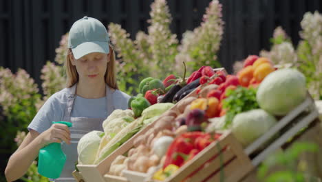 Ein-Kind-Besprüht-Gemüse-Mit-Wasser-Und-Hilft-Beim-Verkauf-Auf-Einem-Bauernmarkt