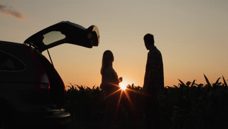 A-young-couple-admires-the-sunset-over-the-field,-standing-near-their-car