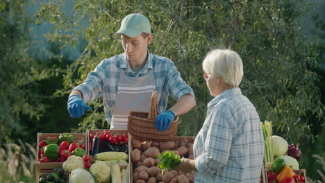 Una-Anciana-Compra-Verduras-En-Un-Mercado-De-Agricultores,-El-Vendedor-Pone-Las-Verduras-En-Su-Cesta.
