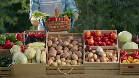Vendedor-Sosteniendo-Una-Canasta-De-Verduras-En-El-Mostrador-De-Un-Mercado-De-Agricultores