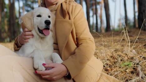Cute-middle-aged-woman-relaxing-in-the-forest-with-a-golden-retriever-puppy