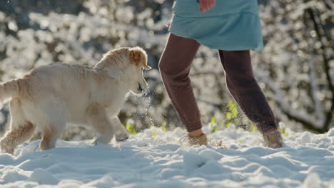 Pet-owner-running-in-the-snow-with-her-dog,-having-a-good-time-on-a-walk-in-the-winter-forest.-Slow-motion-video