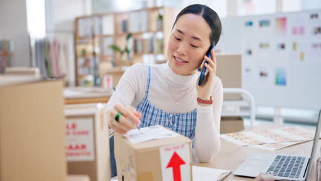Ecommerce,-woman-with-phone-call-and-boxes