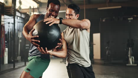 Men-at-gym,-floor-exercise-with-ball-for-strong