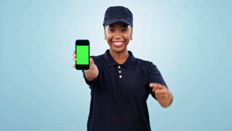 Happy-black-woman,-phone-and-pointing-to-green