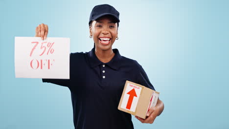 Happy-black-woman,-box-and-sale-with-discount