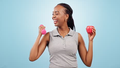 Face,-dumbbells-and-black-woman-with-exercise