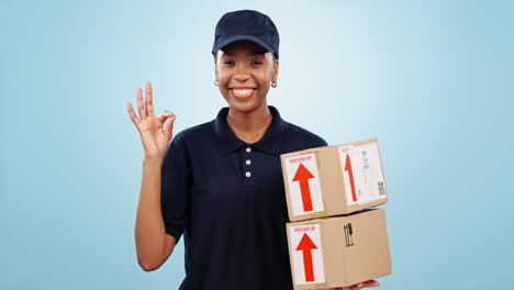 Happy-black-woman,-box-and-delivery-with-OK-emoji