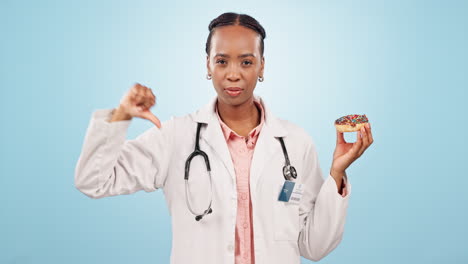 Doctor,-donut-and-face-of-black-woman-with-no