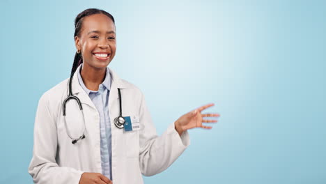 Happy-black-woman,-doctor-and-pointing