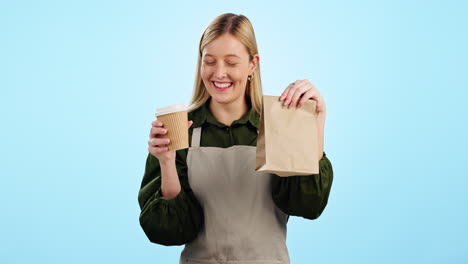 Waitress,-woman-and-coffee-takeaway-with-bag