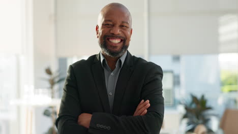 Crossed-arms,-laugh-and-face-of-business-black-man