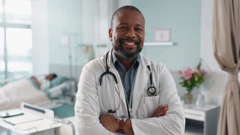 Medicine,-doctor-and-black-man-with-arms-crossed