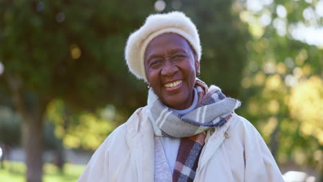 Senior-woman,-african-and-outside-with-smiling