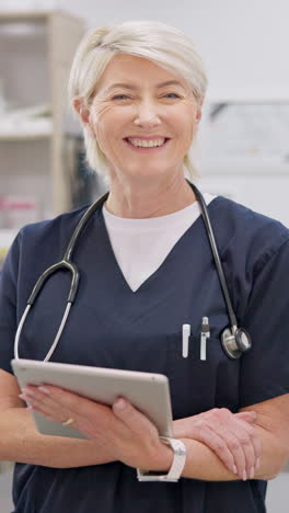 Healthcare,-tablet-and-face-of-senior-woman-doctor