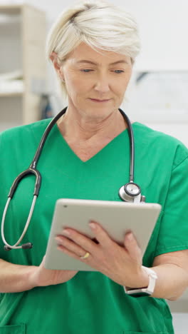 Tablet,-woman-and-serious-nurse-research