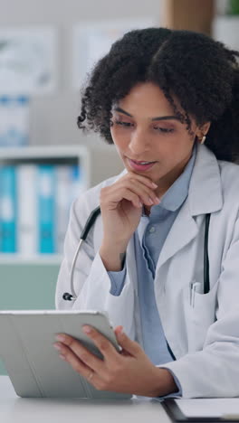 Woman,-doctor-and-thinking-on-tablet-in-research