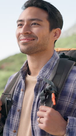 Hiking,-nature-and-Asian-man-on-mountain