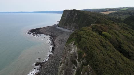 Aerial-footage-high-over-Wooded-cliffs-in-Devon-coast-UK-,-reveal-beach-with-Blackchurch-Rock-and-Mill-mouth