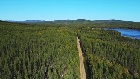 Road-through-the-beautiful-green-landscape-of-Dalarna,-Sweden--aerial