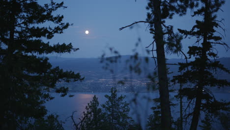 Night-landscape-looking-down-on-town-of-West-Kelowna-and-lake-through-trees