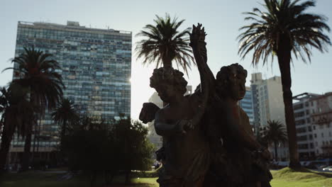 Fountain-at-sunset-in-plaza.-Uruguay,-Montevideo